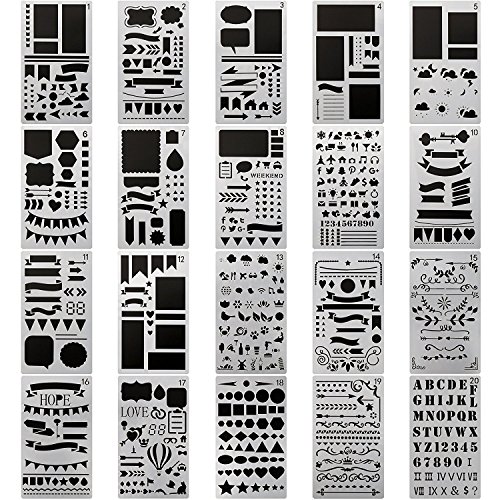 Product Cover 20 PCS Journal Stencil Plastic Planner Set for Journal Notebook Diary Scrapbook DIY Drawing Template Journal Stencils 4x7 Inch