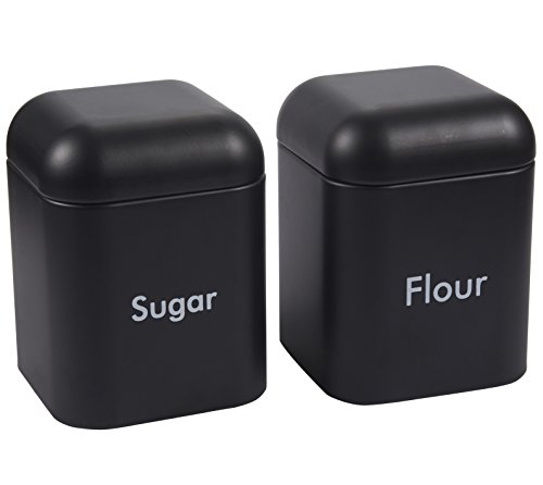 Product Cover Juvale Kitchen Canister Set - 2-Piece Stainless Steel Sugar and Flour Storage Container Jars with Steel Lids, Black, 4.5 x 6 x 4.5 Inches