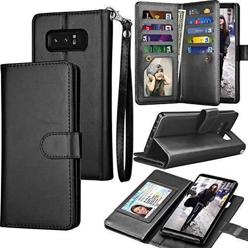 Product Cover Tekcoo Compatible for Galaxy Note 8 Wallet Case/Samsung Galaxy Note 8 PU Leather Case, Luxury ID Cash Credit Card Slots Holder Carrying Flip Cover [Detachable Magnetic Hard Case] Kickstand - Black
