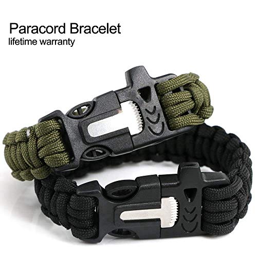Product Cover AUOON 2PC Paracord Bracelet, Survival Gear Kit Fire Starter, Emergency Knife & Whistle, Made Durable Military 550 Paracord, Slip Buckle Design Hiking, Camping Exploration, Black Green