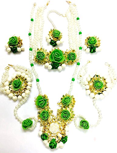 Product Cover Floret Jewelry Green Gota Patti Flower Jewelry Set With 2 Necklaces