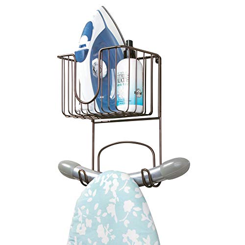 Product Cover mDesign Wall Mount Metal Ironing Board Holder with Small Storage Basket - Holds Iron, Board, Spray Bottles, Starch, Fabric Refresher for Laundry Rooms - Bronze