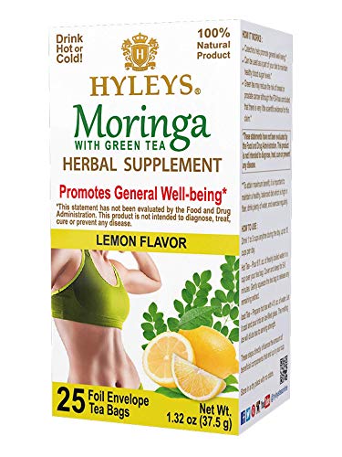 Product Cover Hyleys Tea Hyleys Wellness Moringa Oleifera Green Tea Lemon - 25 Tea Bags (Gmo Free, Gluten Free, Dairy Free, Sugar Free & 100% Natural), Lemon, 1.32 Ounce