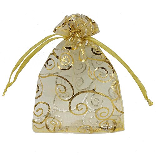 Product Cover Ankirol 100pcs Sheer Organza Favor Bags for Wedding Baby Shower Rattan Print Gift Bags Samples Display Drawstring Pouches (5x7, Gold)