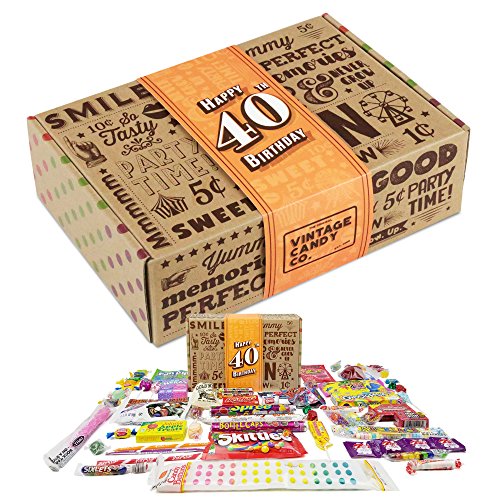 Product Cover VINTAGE CANDY CO. 40TH BIRTHDAY RETRO CANDY GIFT BOX - 1980 Decade Childhood Nostalgic Candies - Fun Funny Gag Gift Basket - Milestone FORTIETH Birthday - PERFECT For Man Or Woman Turning 40 Years Old