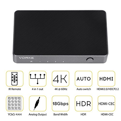 Product Cover VORKE Mini Auto Switching HDMI Switch Solid Metal 4x1 4K 60Hz with HDR 18Gbps HDMI 2.0 HDCP 2.2 HDR 3D with IR Remote Audio Output (HD41)