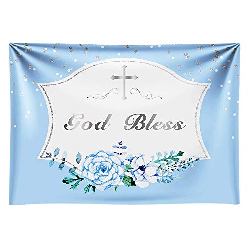 Product Cover Funnytree 7X5FT First Communion Baptism Backdrop Blue Boys Banner Background god Bless photobooth