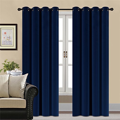 Product Cover HCILY Blackout Velvet Curtains Navy 96 INCH Thermal Insulated for Bedroom 2 Panels (W52'' x L96'', Blue)
