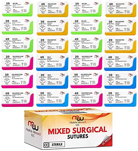 Product Cover Sutures Thread with Needle (24 Mixed 2/0, 3/0, 4/0) - Practicing Suturing; Taxidermy; Anatomy & Science Classes; Doctors, EMT, Paramedic, Nursing, Dental and Veterinary Student's Hospital Training Kit