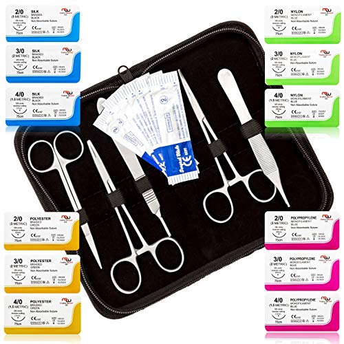 Product Cover Mixed Suture Threads with Needle + Tools for Medical Student's Suture Kit, Practice Suturing; Surgical Training, First Aid Emergency Demo, Vet Use (12 Mixed Sutures 2-0,3-0, 4-0 + 12 Tools) 24PK Total