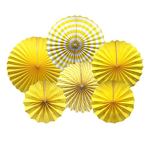 Product Cover Party Hanging Paper Fans Set, Yellow Round Pattern Paper Garlands Decoration for Birthday Wedding Graduation Events Accessories, Set of 6