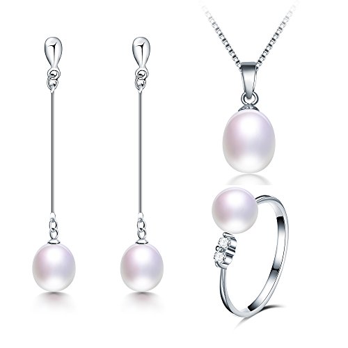 Product Cover Deluxe Jewelry Set for Women by Diamovi - 100% Natural Freshwater Pearl Necklace, Earrings & Ring - 925 Sterling Silver W/Unique Design - 45 cm Chain W/ 8-9 MM Pearl - Available in (White)