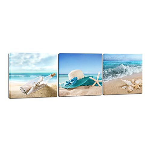 Product Cover Pyradecor 3 Panels Starfish Seashell Bottle Beach Pictures on Canvas Wall Art Modern Seascape Stretched and Framed Giclee Canvas Prints Seaview Landscape Artwork for Bedroom Home Office Decorations