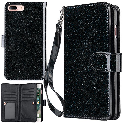 Product Cover iPhone 7 Plus Case iPhone 8 Plus Wallet Case, UrbanDrama Glitter Shiny Faux Leather Magnetic Closure Credit Card Slot Cash Holder Protective Case for iPhone 7 Plus iPhone 8 Plus 5.5 inch, Black Blue