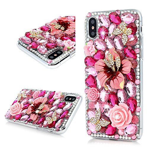 Product Cover Mavis's Diary iPhone X Case, iPhone Xs Case, Full Edge Protective Plastic Case, 3D Handmade Crystal Clear Bling Full Diamonds Colorful Pink Shiny Rhinestone Peony Rose Florals Hard PC Cover