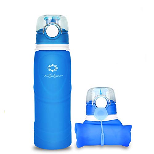 Product Cover silbyloyoe Silicone Water Bottle Foldable Collapsible Anti Leakage with Leak Proof Valve Bottles Travel Outdoor Sports Lightwight Portable BPA Free Medical Food Grade 26 Ounce (Blue)