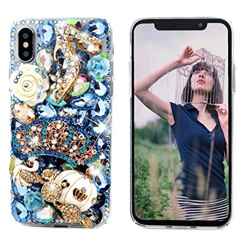 Product Cover iPhone X Case, iPhone Xs Case, Mavis's Diary Full Edge Protective Plastic Case 3D Handmade Crystal Clear Bling Diamonds Shiny Colorful Rhinestone Blue Crown Pumpkin Car High-Heeled Hard PC Cover