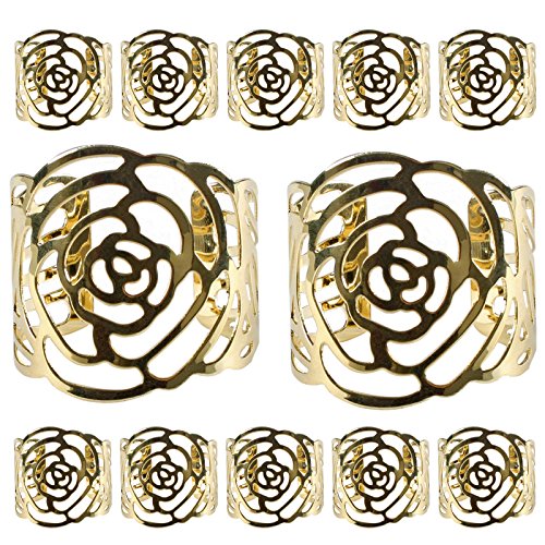 Product Cover KAKOO Napkin Ring, 12 Pcs Hollow Out Rose Design Metal Napkin Holder for Wedding Party Dinner Table Decor (Gold)