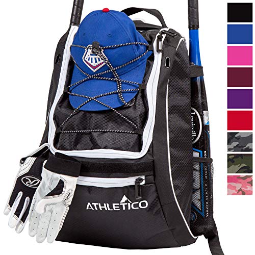 Product Cover Athletico Baseball Bat Bag - Backpack for Baseball, T-Ball & Softball Equipment & Gear for Youth and Adults | Holds Bat, Helmet, Glove, Shoes | Separate Shoe Compartment, Fence Hook (Black)