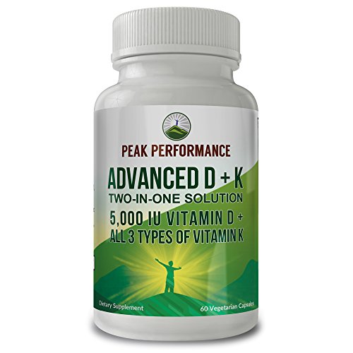Product Cover Advanced Vitamin D 5000 IU with All 3 Types of Vitamin K by Peak Performance. Vitamin D3 and Vitamin K2, K1, MK-7 (MK7), MK4 Supplement. 60 Small and Easy to Swallow Vegetable Pills (5000 IU)
