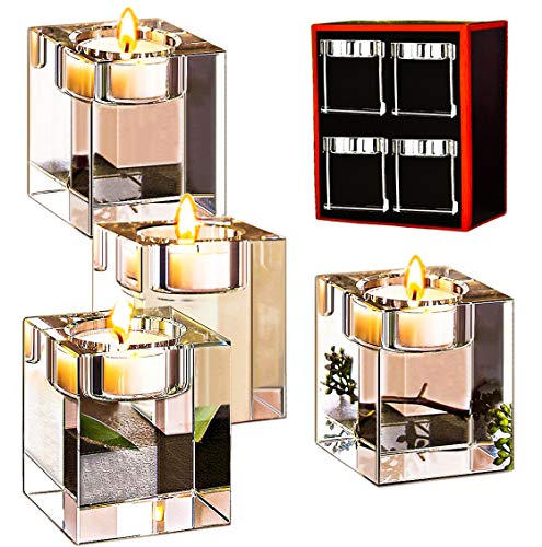 Product Cover Le Sens Amazing Home Crystal Candle Holders Set of 4,Elegant Heavy Glass Cuboid Tealight Holders,Clear Square Glass Cube Decoration for Ceremony Wedding Centerpiece and Home Decor