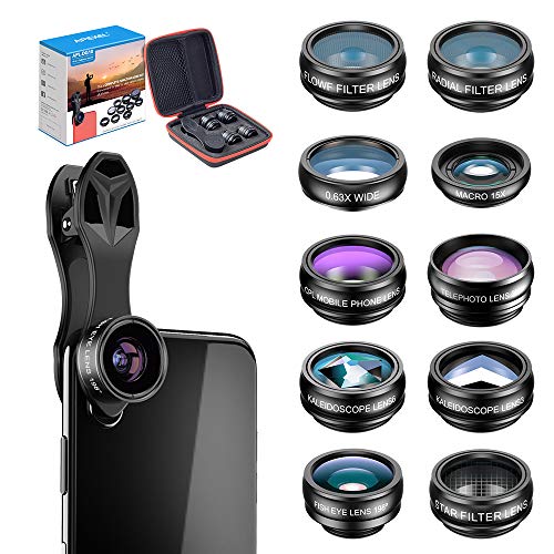 Product Cover Apexel 10 in 1 Cell Phone Camera Lens Kit Wide Angle Lens & Macro Lens+Fisheye Lens+Telephoto Lens+CPL/Flow/Radial/Star Filter+Kaleidoscope 3/6 Lens for iPhone Samsung Sony and Most of Smartphone