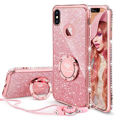 Product Cover Cute iPhone Xs Case, Cute iPhone X Case, Glitter Luxury Bling Diamond Rhinestone Bumper with Ring Grip Kickstand Protective Thin Girly Pink iPhone Xs Case/iPhone X Case for Women Girl - Rose Gold Pink