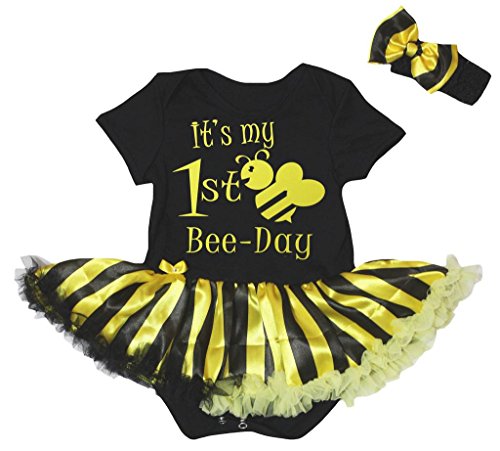 Product Cover Petitebella It's My 1st Bee Day Bodysuit Black Yellow Striped Tutu Nb-18m (Black, 6-12 Months)