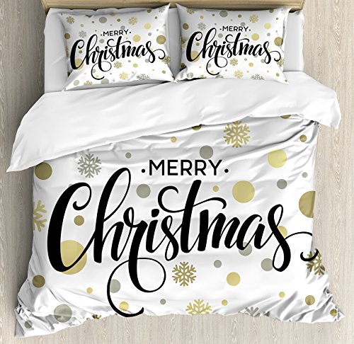 Product Cover Ambesonne Christmas Duvet Cover Set, Merry Christmas Lettering on an Abstract Modern Snowflake Dot Pattern, Decorative 3 Piece Bedding Set with 2 Pillow Shams, King Size, Black Beige
