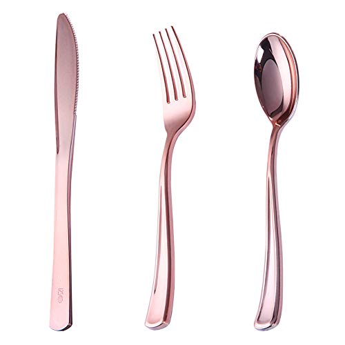 Product Cover 160 Pieces Disposable  Rose Gold Plastic Cutlery Set, Rose Gold Plastic Silverware Heavyweight includes:80 Forks,40 Knives and 40 Spoons(IOOOOO)