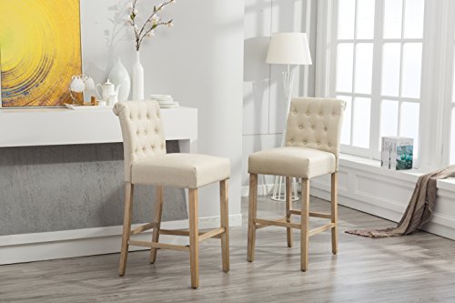 Product Cover Roundhill Furniture Siena Bar Height Button Tufted Back Solid Wood Stools, Set of 2, Tan