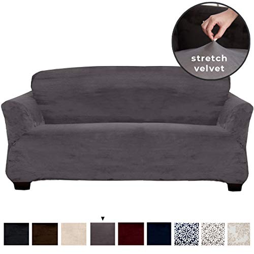 Product Cover Modern Velvet Plush Strapless Slipcover. Form Fit Stretch, Stylish Furniture Cover / Protector. Gale Collection by Great Bay Home Brand. (Sofa, Wild Dove Grey)