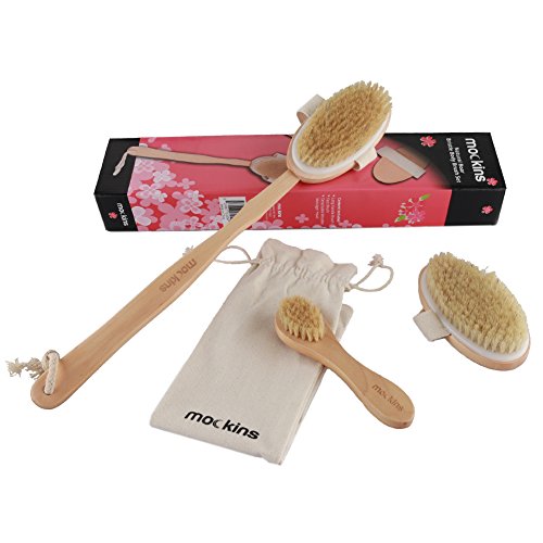 Product Cover mockins Natural Boar Body Brush Set with Detachable Cellulite Brush, Long Wooden Handle for Dry Brushing and Face Brush | Perfect Kit to Exfoliate and Alleviate