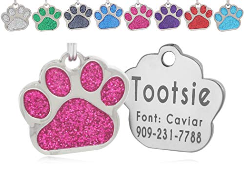 Product Cover io tags Pet ID Tags, Personalized Dog Tags and Cat Tags, Custom Engraved, Easy to Read, Cute Glitter Paw Pet Tag (Pink)