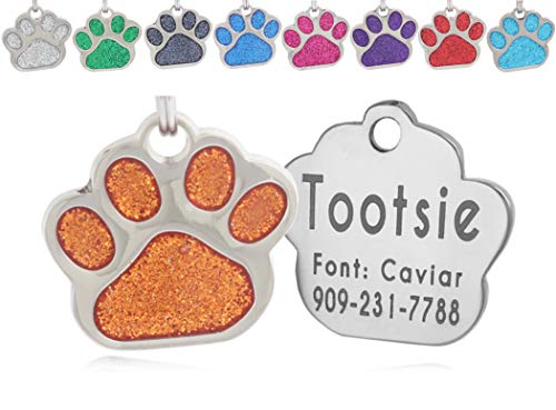 Product Cover io tags Pet ID Tags, Personalized Dog Tags and Cat Tags, Custom Engraved, Easy to Read, Cute Glitter Paw Pet Tag (Orange)