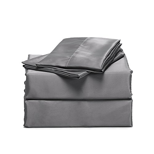 Product Cover Bedsure 4-Pieces Satin Bed Sheet Set Queen Dark Gray Smooth and Silky with Deep Pocket Fitted Sheet