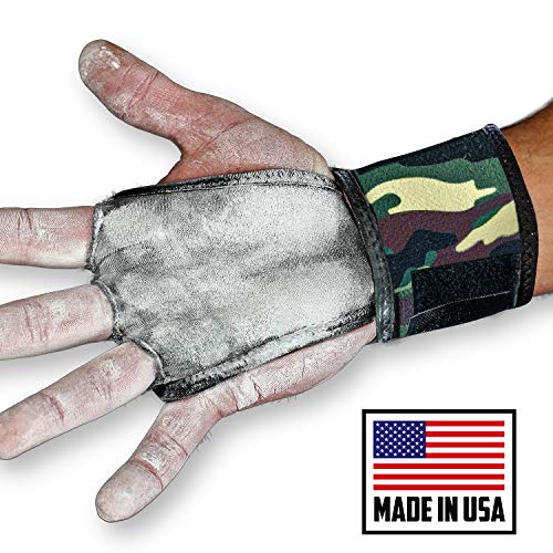 Product Cover JerkFit WODies Camo Hand Grips with Wrist Wraps for Weightlifting, Pull-Ups, Cross Training, WODs, and Gymnastics, Prevent Blisters and Rips, for Men and Women (Green Camo, Small, Pair)
