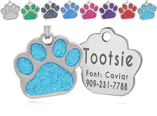 Product Cover io tags Pet ID Tags, Personalized Dog Tags and Cat Tags, Custom Engraved, Easy to Read, Cute Glitter Paw Pet Tag (Turquiose)
