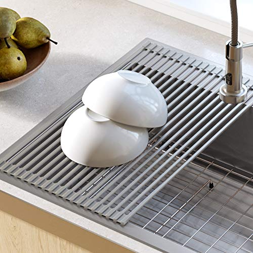 Product Cover Kraus KRM-10GREY Silicone-coated stainless steel Over the Sink Multipurpose Roll-Up Dish Drying Rack, Grey
