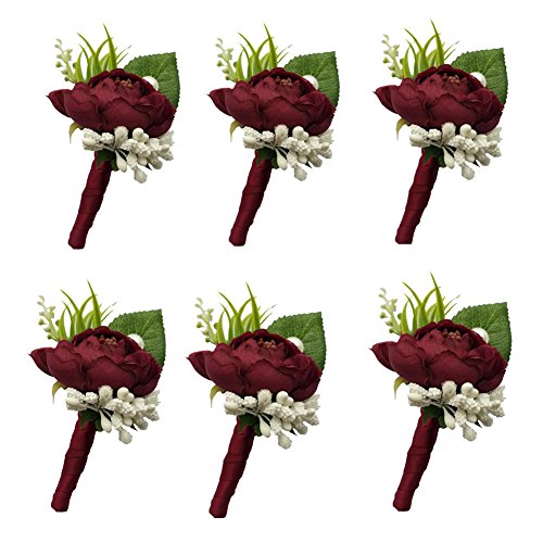 Product Cover 6 Pieces/lot Groom Boutonniere Man Buttonholes Wedding Flowers Party Decoration (Wine red)