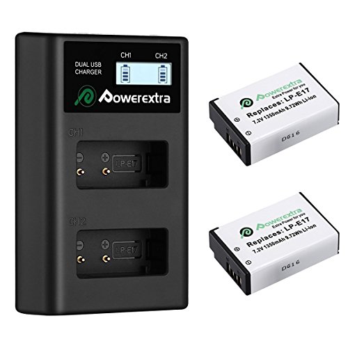 Product Cover Powerextra 2 Pack Replacement Canon LP-E17 Battery and Dual USB Charger LCD Display for Canon EOS Rebel T6i, T6s, T7i, 750D, 760D, 8000D, Kiss X8i, 800D, 77D, 200D, EOS SL2, EOS M3, M5, M6 Camera
