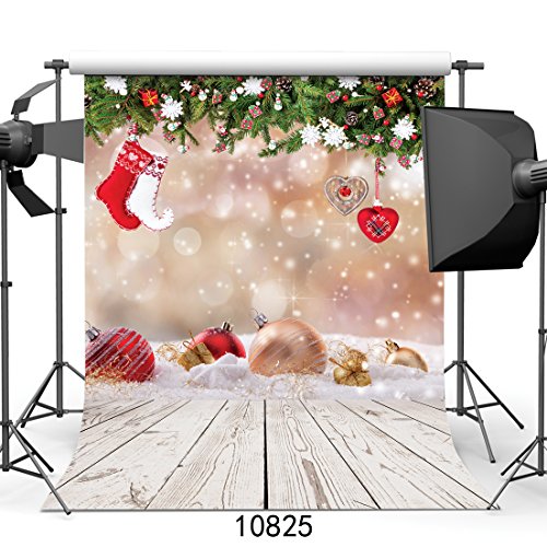 Product Cover WOLADA 5x7ft Christmas Photography Backdrop Xmas Ball with Wood Floor Vinyl Newborn Photo Background Party and Event Studio Prop 10825