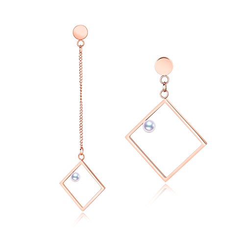 Product Cover Herinos Womens Asymmetric Stainless Steel Earrings Pearl Square Dangle Drop Earrings Rose Gold