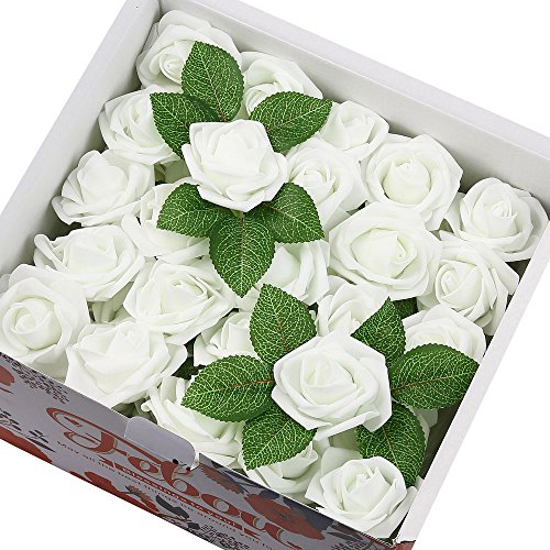 Product Cover Febou Artificial Flowers, 100pcs Real Touch Artificial Foam Roses Decoration DIY for Wedding Bridesmaid Bridal Bouquets Centerpieces, Party Decoration, Home Display (Concise Type, White)