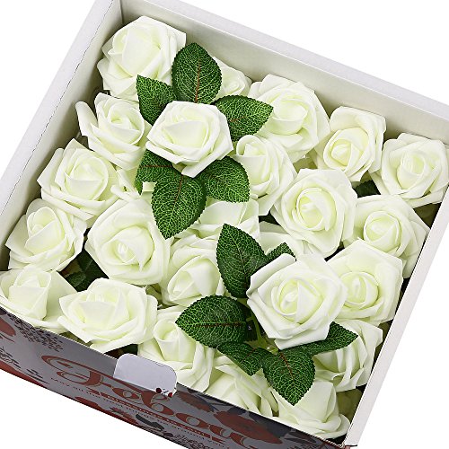 Product Cover Febou Artificial Flowers, 100pcs Real Touch Artificial Foam Roses Decoration DIY for Wedding Bridesmaid Bridal Bouquets Centerpieces, Party Decoration, Home Display (Concise Type, Ivory)