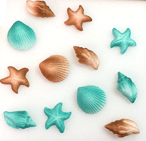 Product Cover 12pk Seashell Sand Water Beach Sea Creatures Star Fish Ready To Use Edible Cake / Cupcake Sugar Decoration Toppers (Teal & Sand)