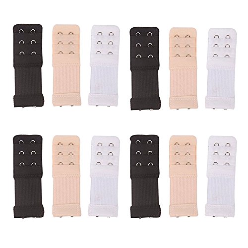 Product Cover Mydio 12 Pack 3 Rows 2 Hooks Elastic Bra Extension Strap For Women Ladies,3 Colors