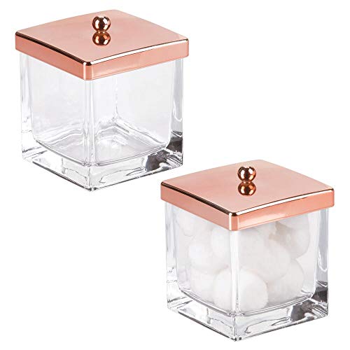 Product Cover mDesign Modern Glass Square Bathroom Vanity Countertop Storage Organizer Canister Jar for Cotton Swabs, Rounds, Balls, Makeup Sponges, Bath Salts - 2 Pack - Clear/Rose Gold