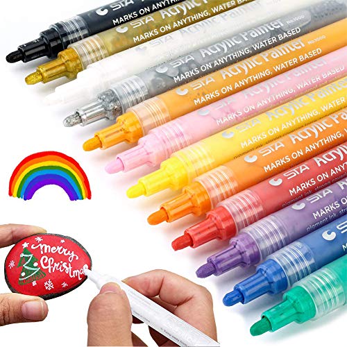Product Cover Acrylic Paint Pens for Rocks Painting, Glass, Metal, Canvas, Easter Egg, Halloween Pumpkin, Wood, Ceramic, Fabric, Photo Album, DIY Craft Supplies, Acrylic Paint Marker Pens Set of 12 Colors