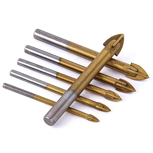 Product Cover 6pcs Titanium Coated Glass Drill Bits Set 4 Cutting Edges Cross Spear Head Drill with Hex Shank for Ceramic Tile Marble Mirror and Glass, 4mm 5mm 6mm 8mm 10mm 12mm